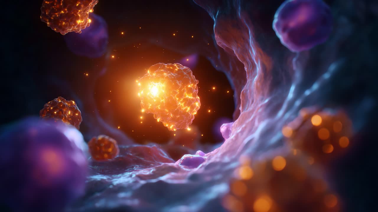 Captivating View Inside a Cellular Environment Featuring Vibrant Glowing Particles and Dynamic Structures Illustrating Complex Biological Processes