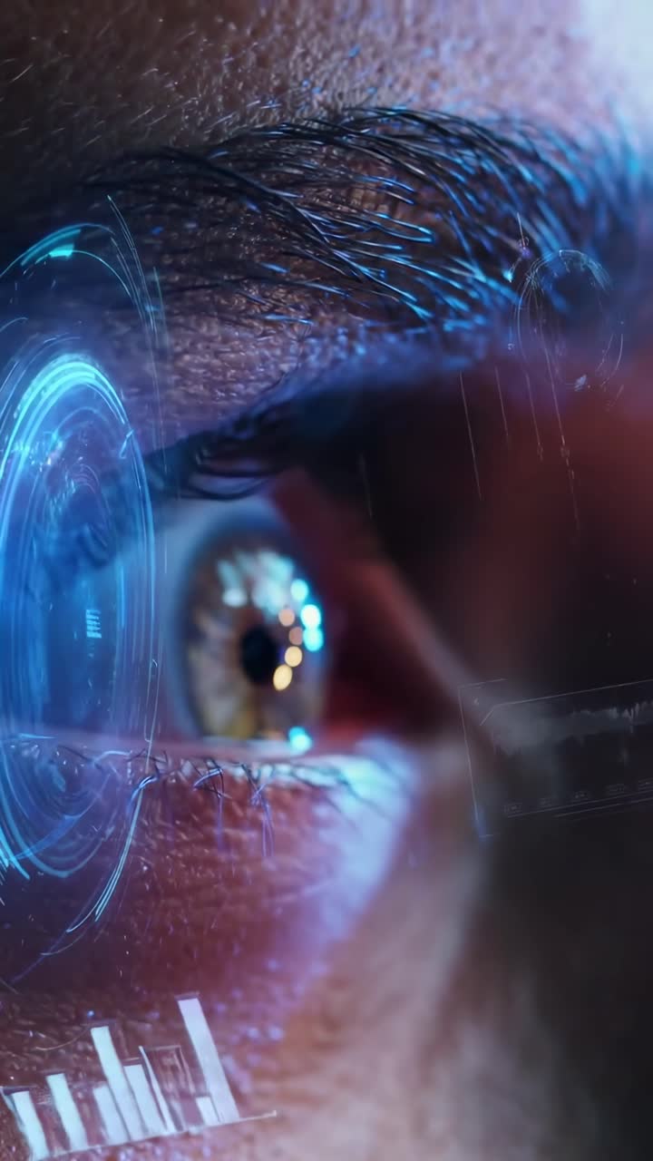 Primo piano di un occhio futuristico con sovrapposizioni digitali, angolato per un effetto video di fantascienza