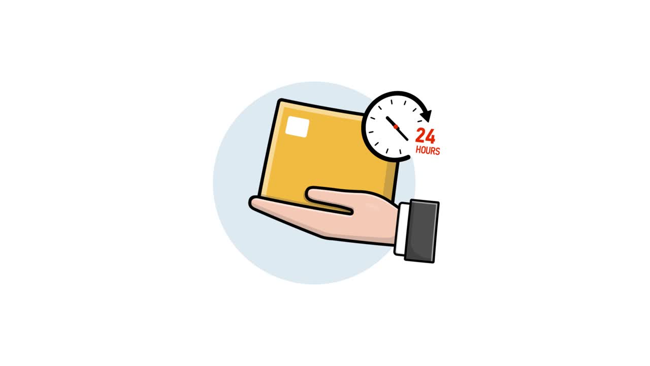 Animierte Hand, die ein Paket mit 24-Stunden-Lieferuhr hält