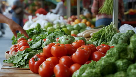 fresh produce and vegetables at a bustling farmers market
