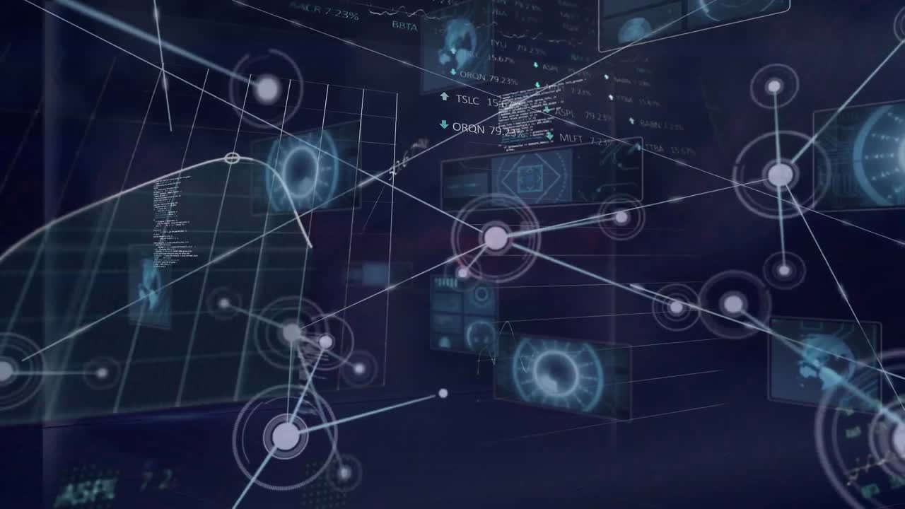 Animation of data processing and network of connections over globe on dark background