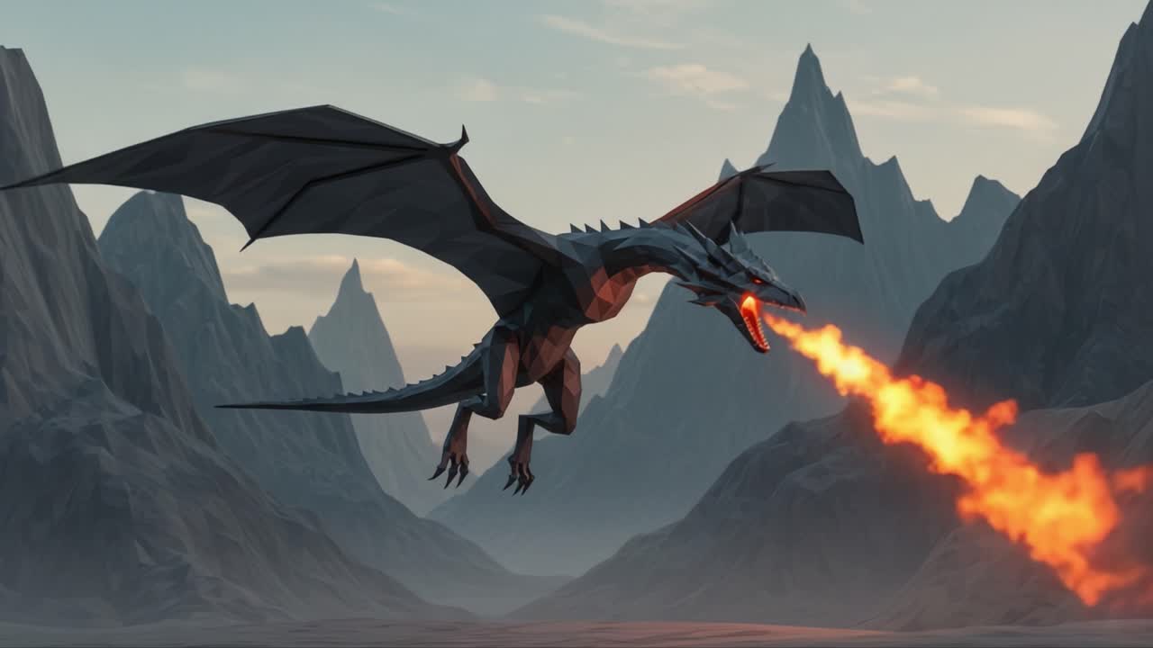 A Majestic Dragon Soars Over Rugged Mountain Peaks, Breathing Fiery Flames Across a Dramatic Landscape in a Stunning Digital Art Scene