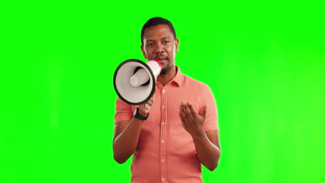 Black-man,-megaphone-and-talking-on-green-screen