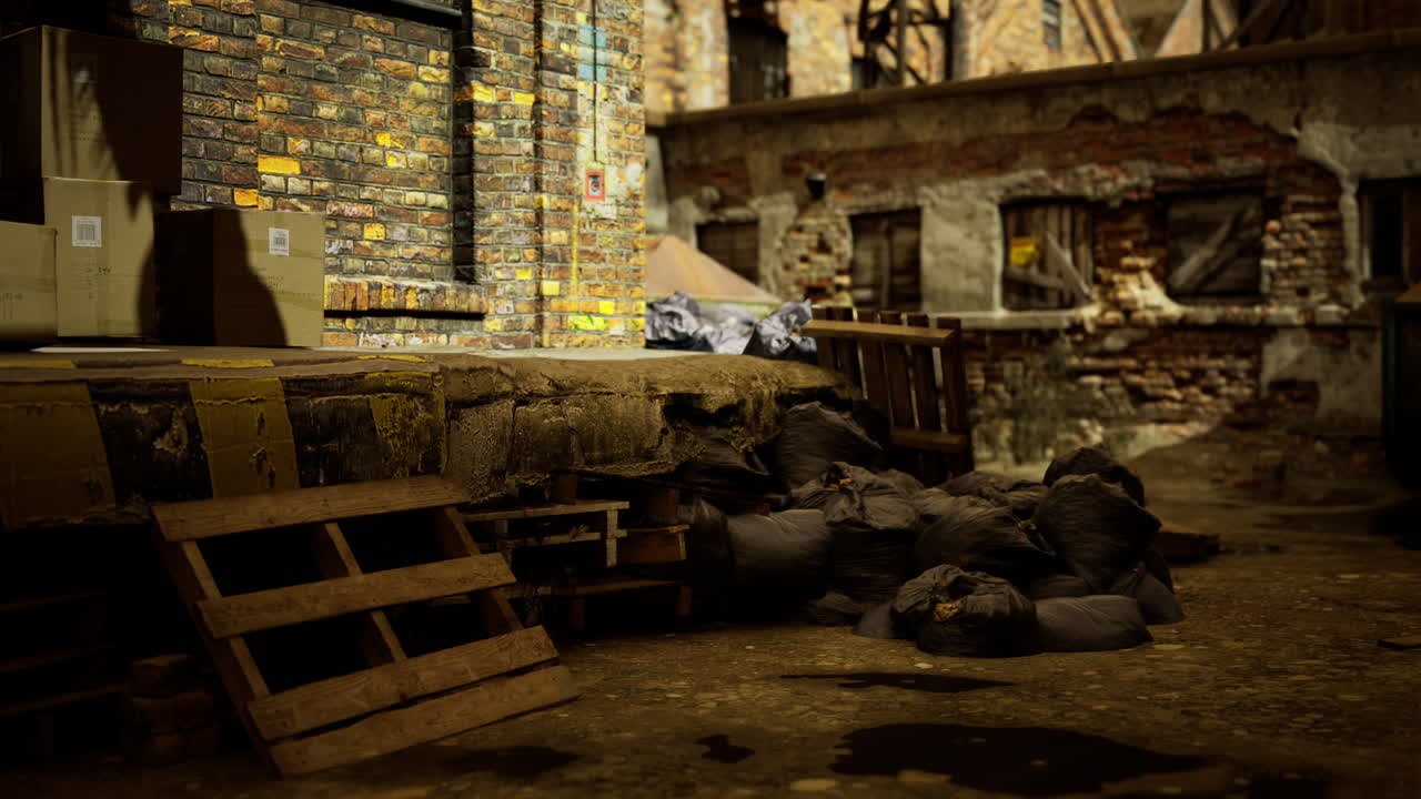 Urban alley with trash and wooden pallets during daylight hours