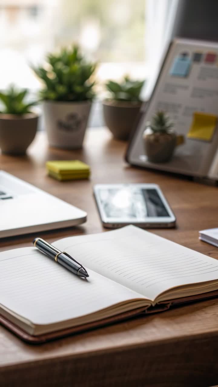 Vertical video: Panning camera capturing open notebook with black pen on desk by window, smartphone