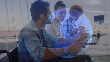 animation of landscape and globe over disabled and diverse business people in office