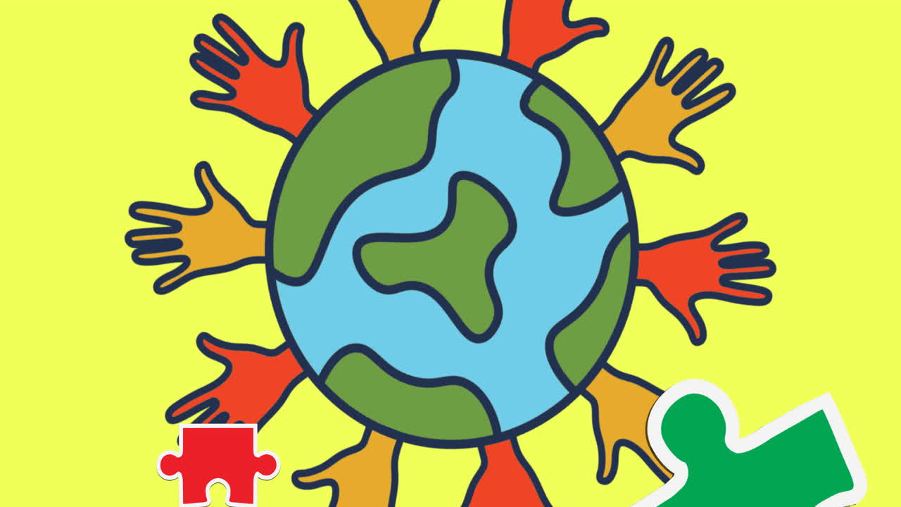 animación de rompecabezas rojos y amarillos que caen sobre el globo con manos rojas y amarillas en amarillo