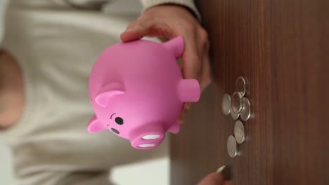 vertical shot of a person holding a piggy bank and keeping money in it