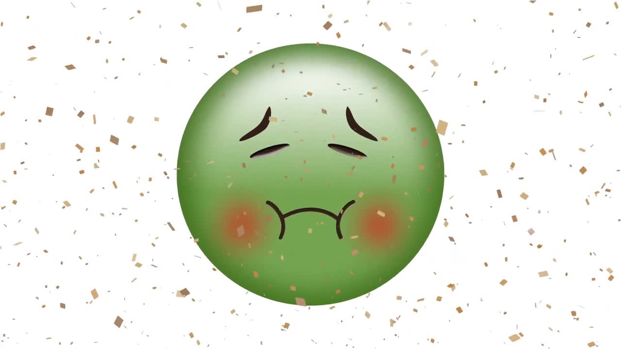 ⁇ 색 배경에 떨어지는 콘페티 위에 아픈 이모지 아이콘의 애니메이션