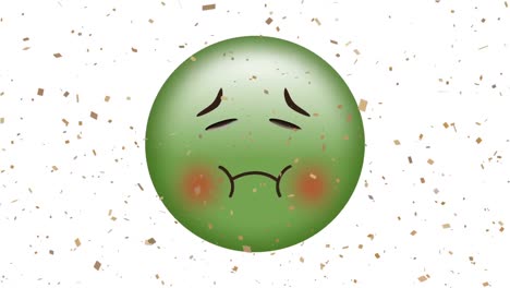 animation of sick emoji icon over falling confetti on white background