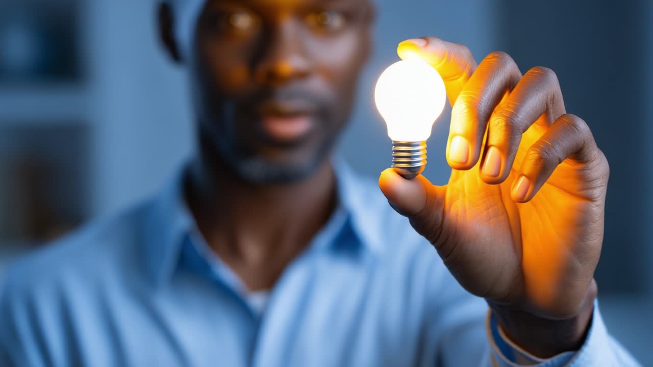 A person holding a glowing light bulb symbolizes innovation and creativity, showcasing the transformative power of ideas in a modern, bright environment