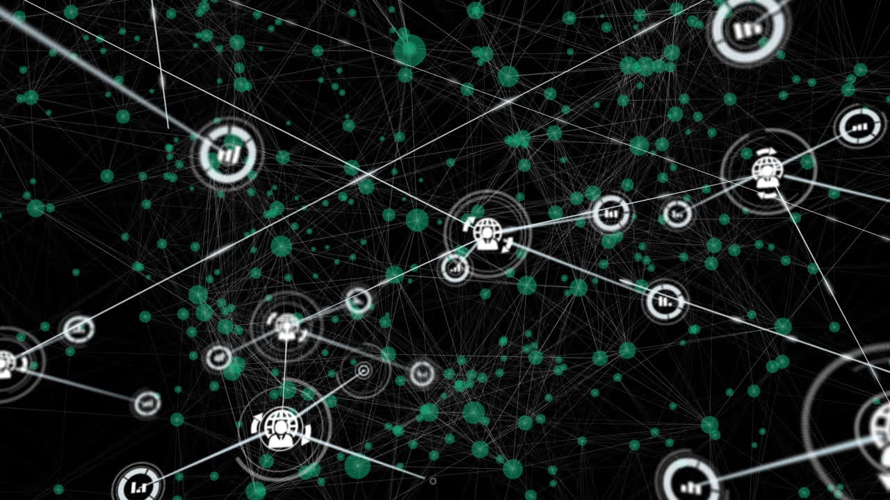 Animation of network of connections with icons with glowing spots