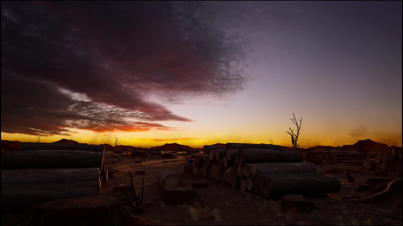 troncos de árboles dejados después de la deforestación, hora de la puesta del sol