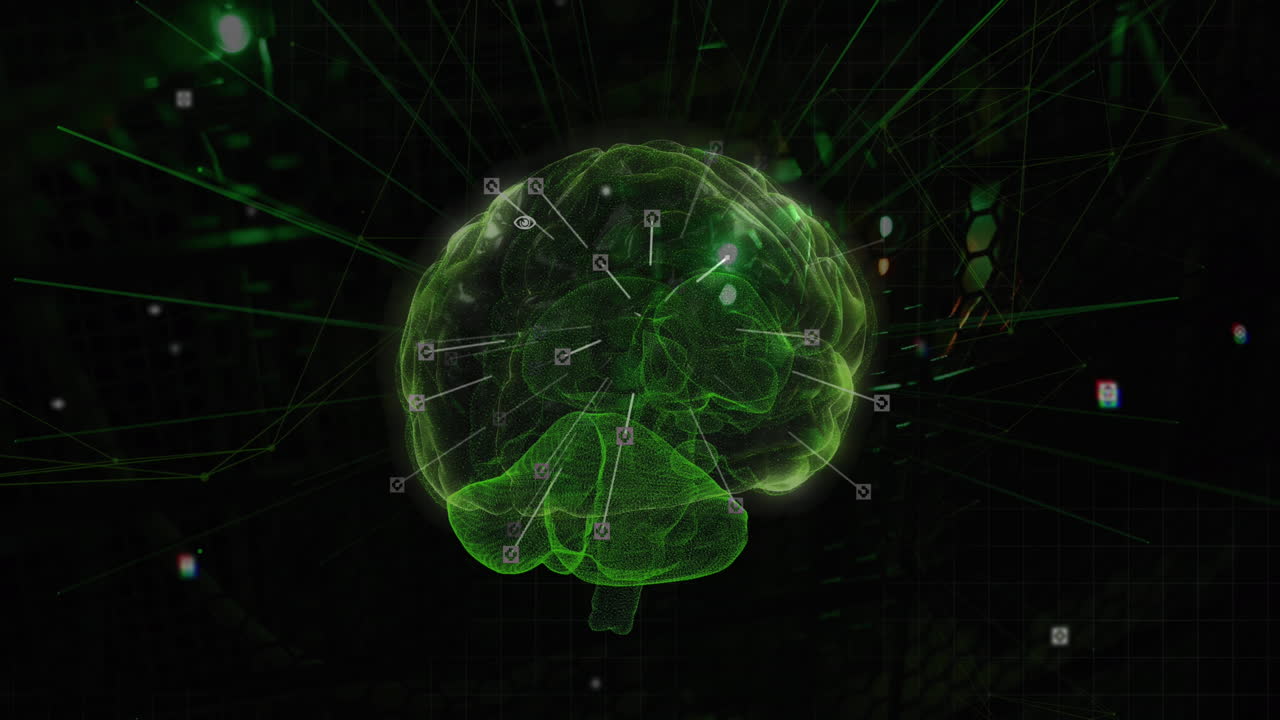 animación de conexiones y cerebro digital sobre la sala de servidores