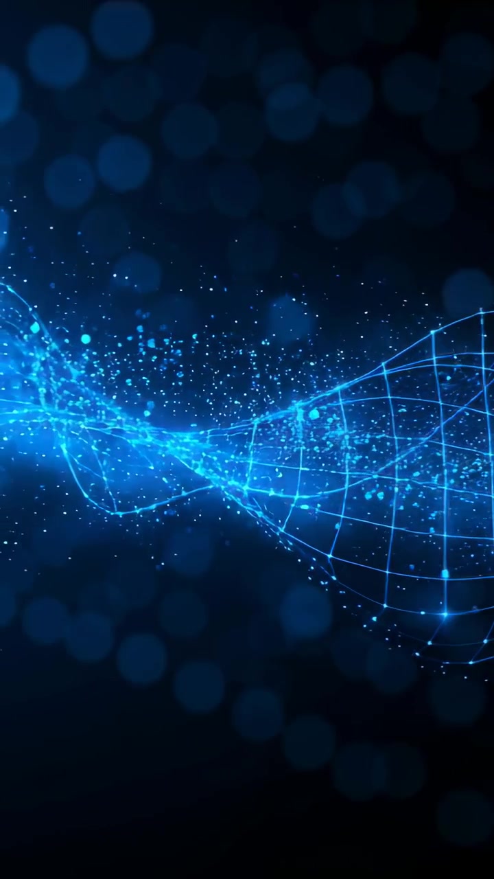 Video verticale: Fotogrammi che avanzano spostando un'onda blu luminosa verso destra in un vuoto oscuro, nodi di rete, punti, bokeh.