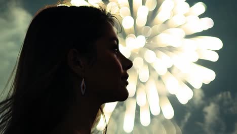 silueta de una mujer contra un espectáculo de fuegos artificiales