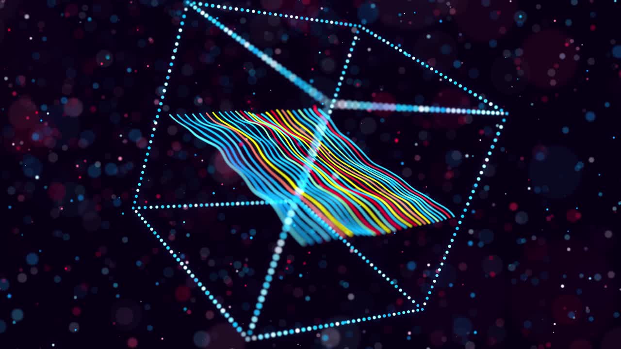 las partículas de brillo abstractas forman objetos 3d en el espacio. el bucle vj como bg del espacio digital virtual. las partículas forman forma holoram como concepto de big data, red o espacio vr. diseño de movimiento de ciencia ficción bg