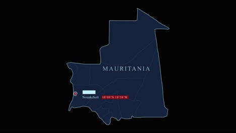 Mapa-Azul-De-Mauritania-Con-La-Capital-De-Nuakchot-Y-Coordenadas-Geográficas-Sobre-Fondo-Negro.