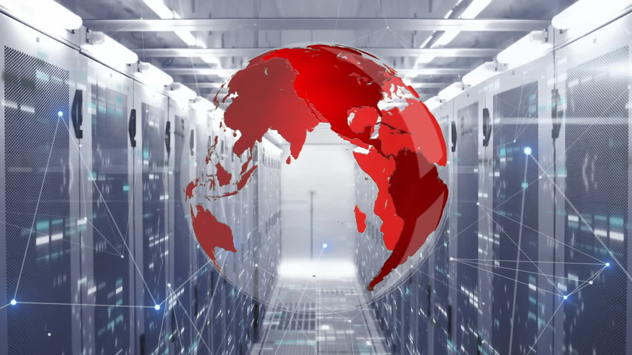 animación de globo giratorio, red de conexiones y cuadrados de mosaico contra la sala de servidores de computadora