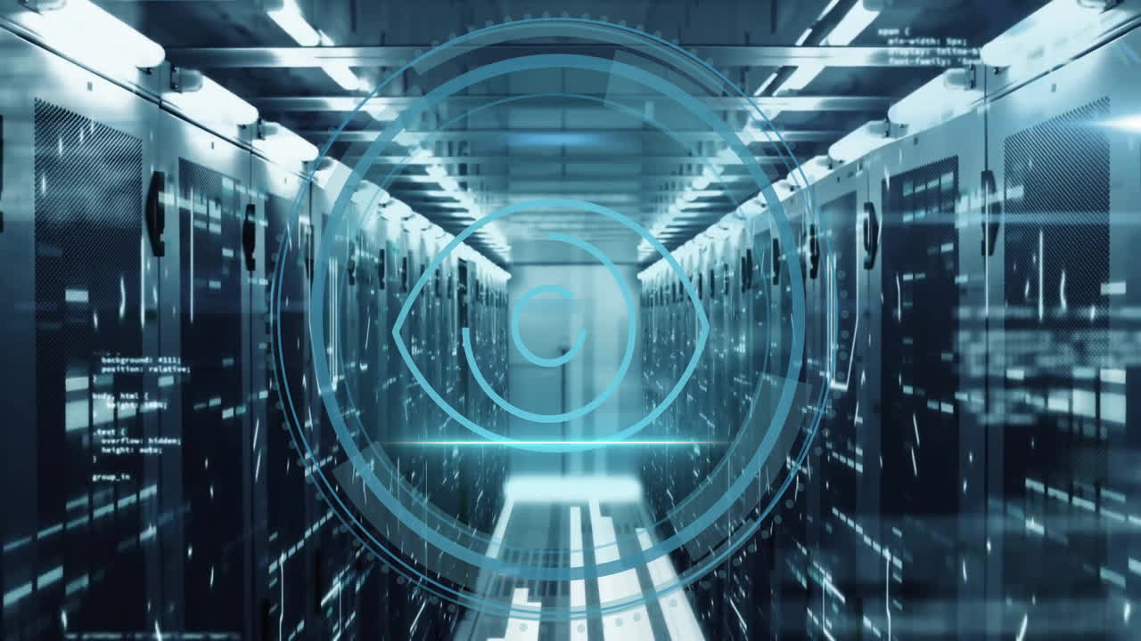Futuristic data processing animation over server racks in technology center