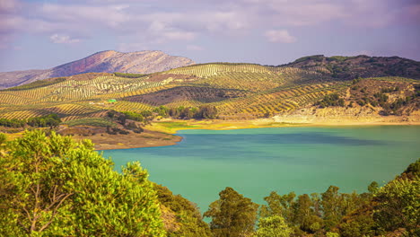 Timelapse:-Cloud-Shadows-Over-Lake-and-Farming-Hillside