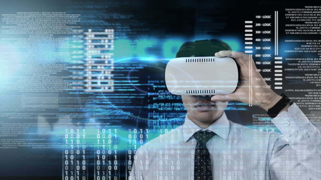 Using virtual reality headset, man exploring digital data and coding animation