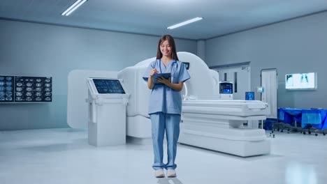 full body of asian female doctor taking note on a tablet while standing with mri machine