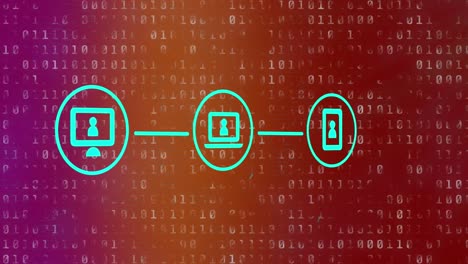 Animation of computer, laptop and smartphone connection with binary coding in background