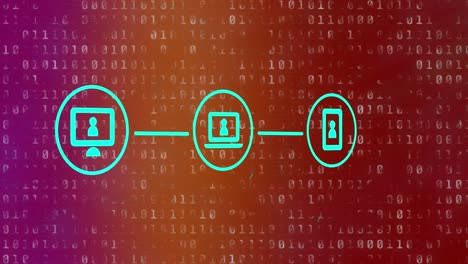 animation of computer, laptop and smartphone connection with binary coding in background