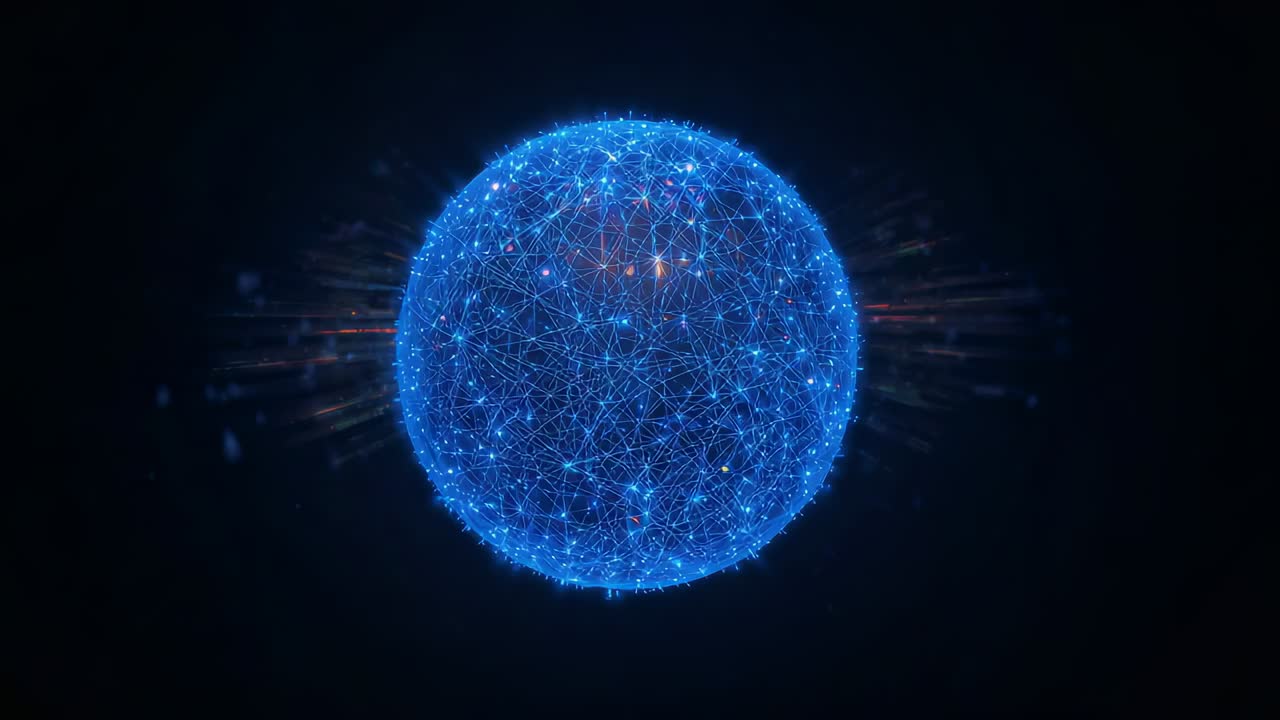 Pulsing blue network sphere sending orange-white flares across dark void, releasing energy