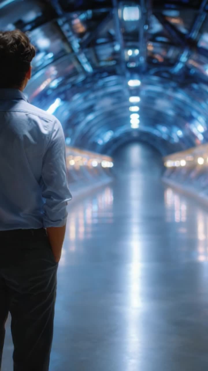 A solitary figure walks through a futuristic, illuminated tunnel, contemplating the journey ahead as bright lights guide the path towards an unknown destination