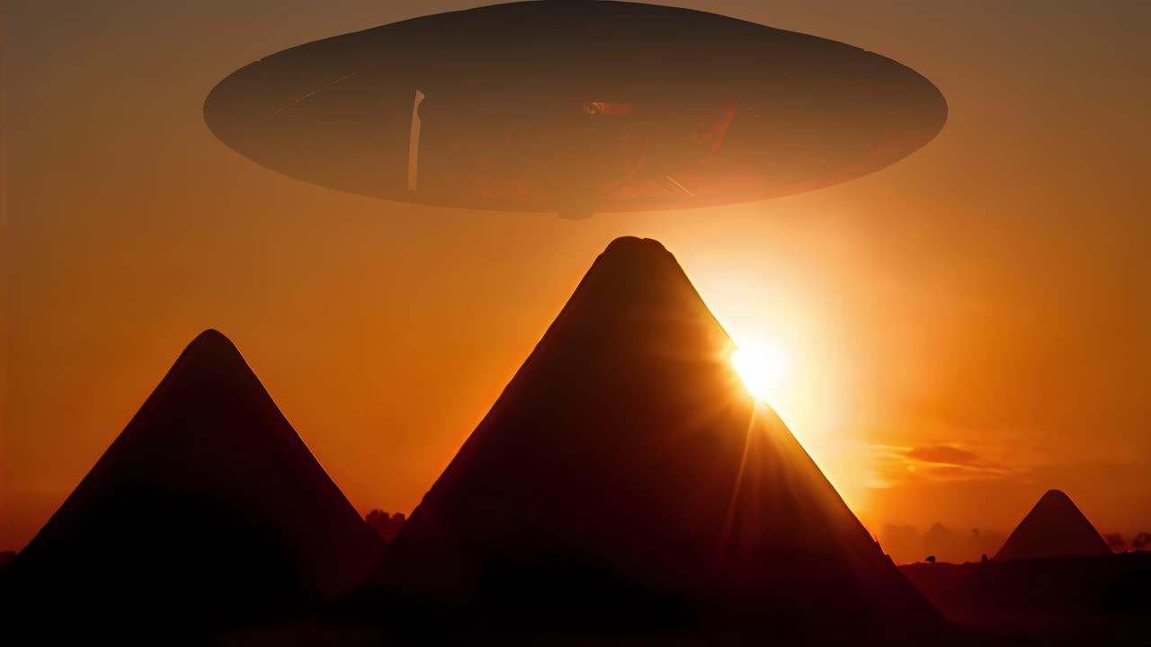 Ancient pyramids and a mysterious ufo at sunset Premium Stock Video Footage