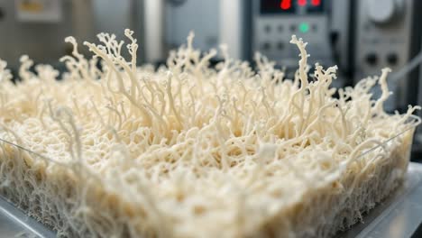 abstract white organic structure resembling coral is displayed in a laboratory setting, surrounded by scientific equipment, showcasing intricate textures and forms in a research environment