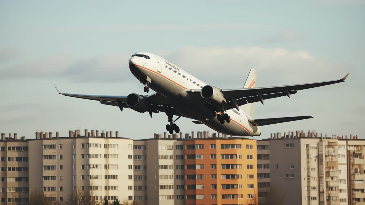Large passenger airplane flying low over colorful residential buildings after taking off from a nearby airport, representing concepts such as travel, business, tourism, and urban life