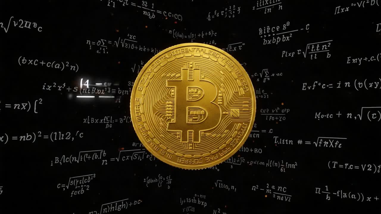 Exploring the Intersection of Mathematics and Digital Currency: A Golden Bitcoin Surrounded by Complex Equations and Scientific Notations