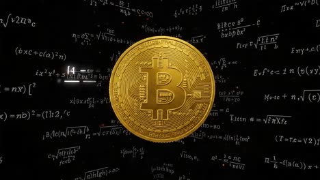 exploring the intersection of mathematics and digital currency: a golden bitcoin surrounded by complex equations and scientific notations
