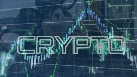 animación de gráficos, texto criptográfico en primer plano de la garra de la grúa que se mueve en el depósito de chatarra