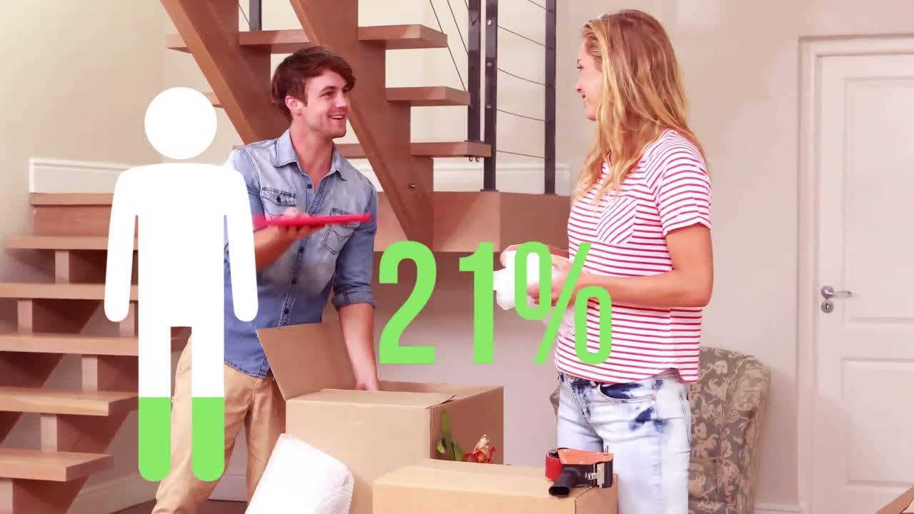 animación del porcentaje y el icono de la persona llenándose de verde sobre la pareja feliz en el nuevo hogar