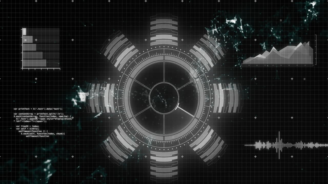 회색 원형 스캐너의 애니메이션과 검은색 배경의 인터페이스에 대한 데이터 처리