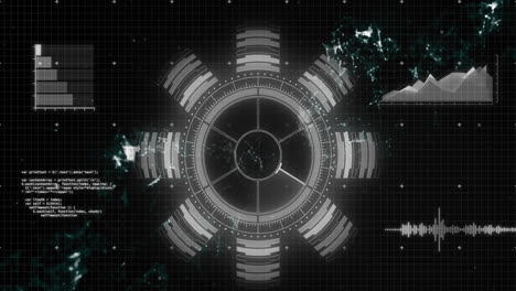 animación del escáner circular gris y procesamiento de datos en la interfaz con fondo negro.