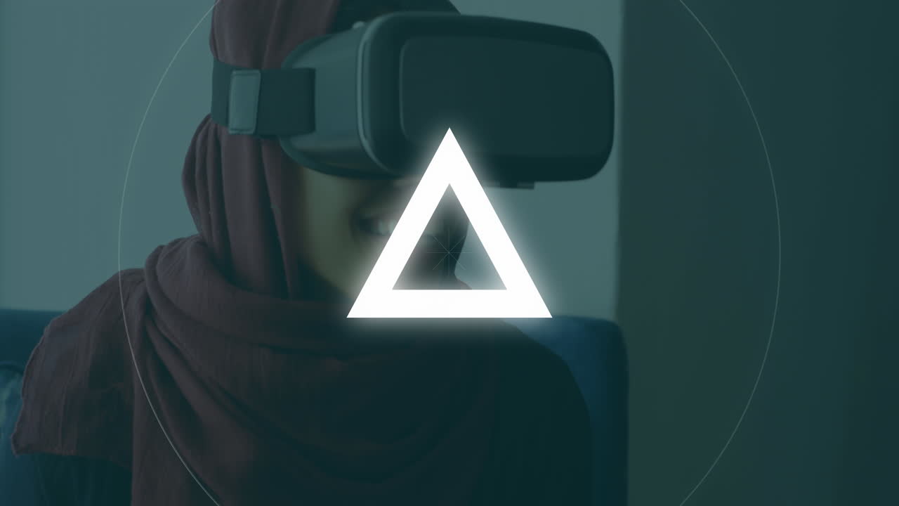 Animation of circles and triangles pulsating over woman wearing vr headset