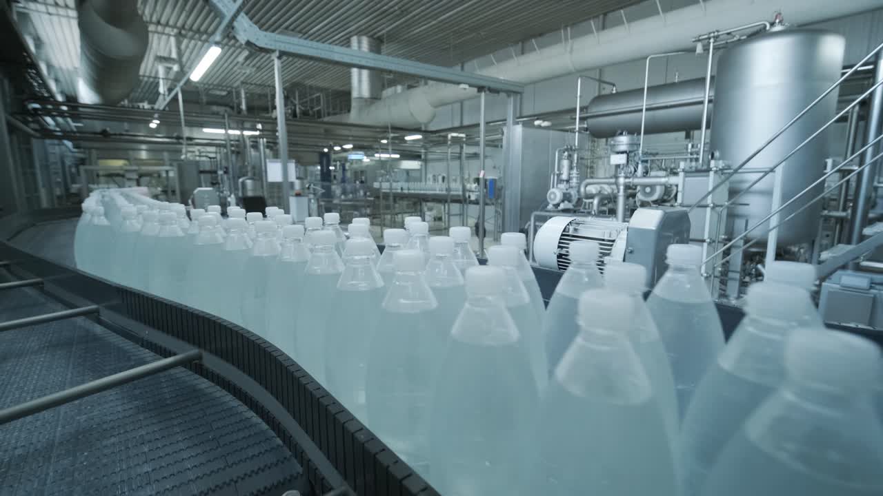 cinta transportadora con botellas de agua potable en una planta de bebidas moderna