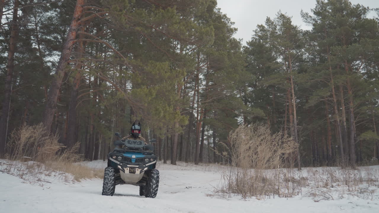 Pilota di quad che sfreccia attraverso un campo innevato, primi piani dinamici e inquadrature medie mostrano il pilota con casco che accelera, spruzzi di neve e rombo del motore, tono adrenalinico con sfondo di pini e abilità fuoristrada.