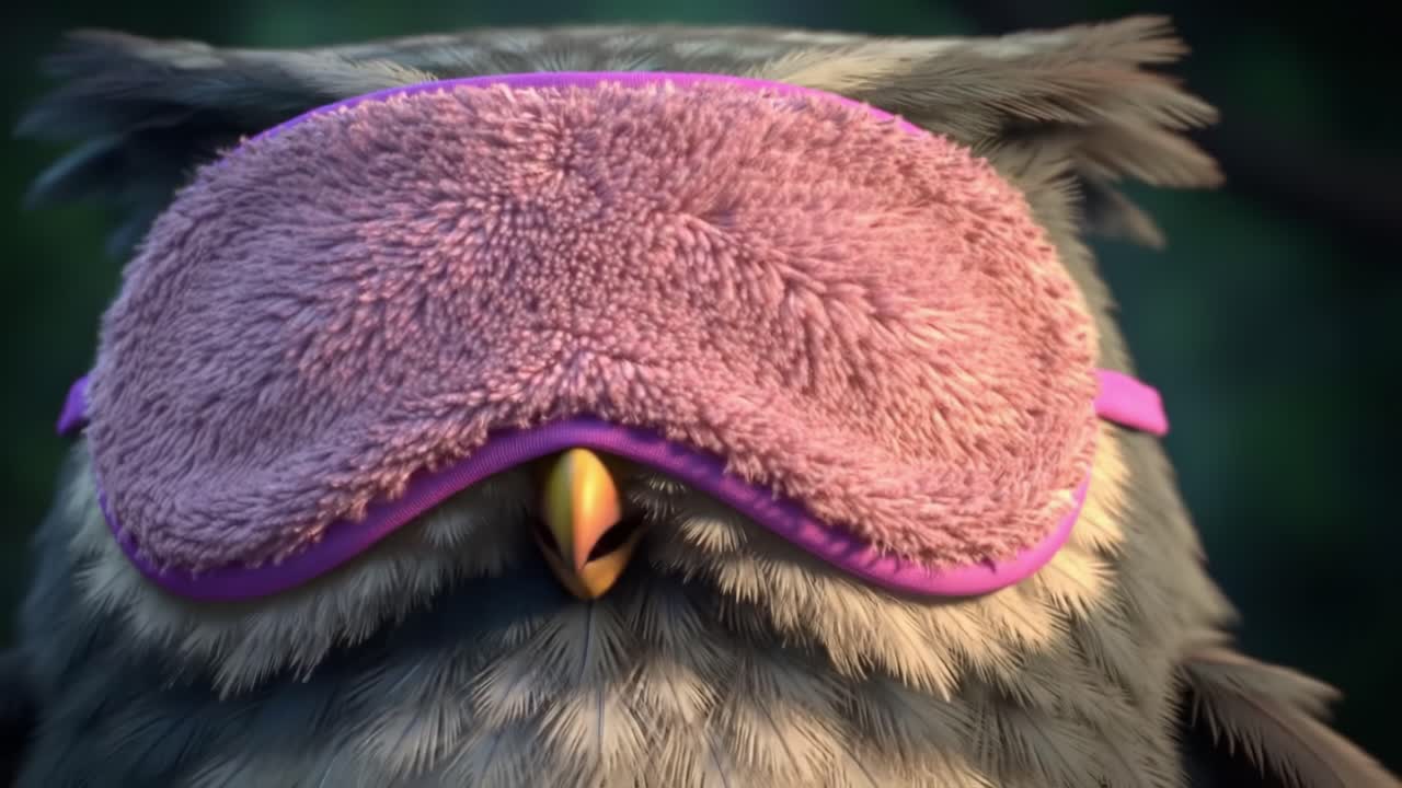 A Charming Sleepy Owl in Cozy Sleep Mask, Perfectly Designed for Restful Nights and Dreamy Adventures in a Whimsical Forest Setting