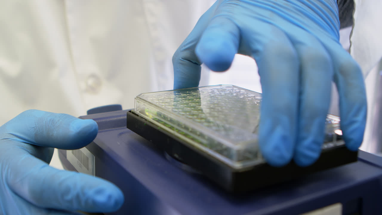 Scientist closing the lid of microplate 4k