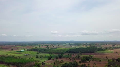 lush green landscape with a mix of trees and open fields under a cloudy sky captured from above