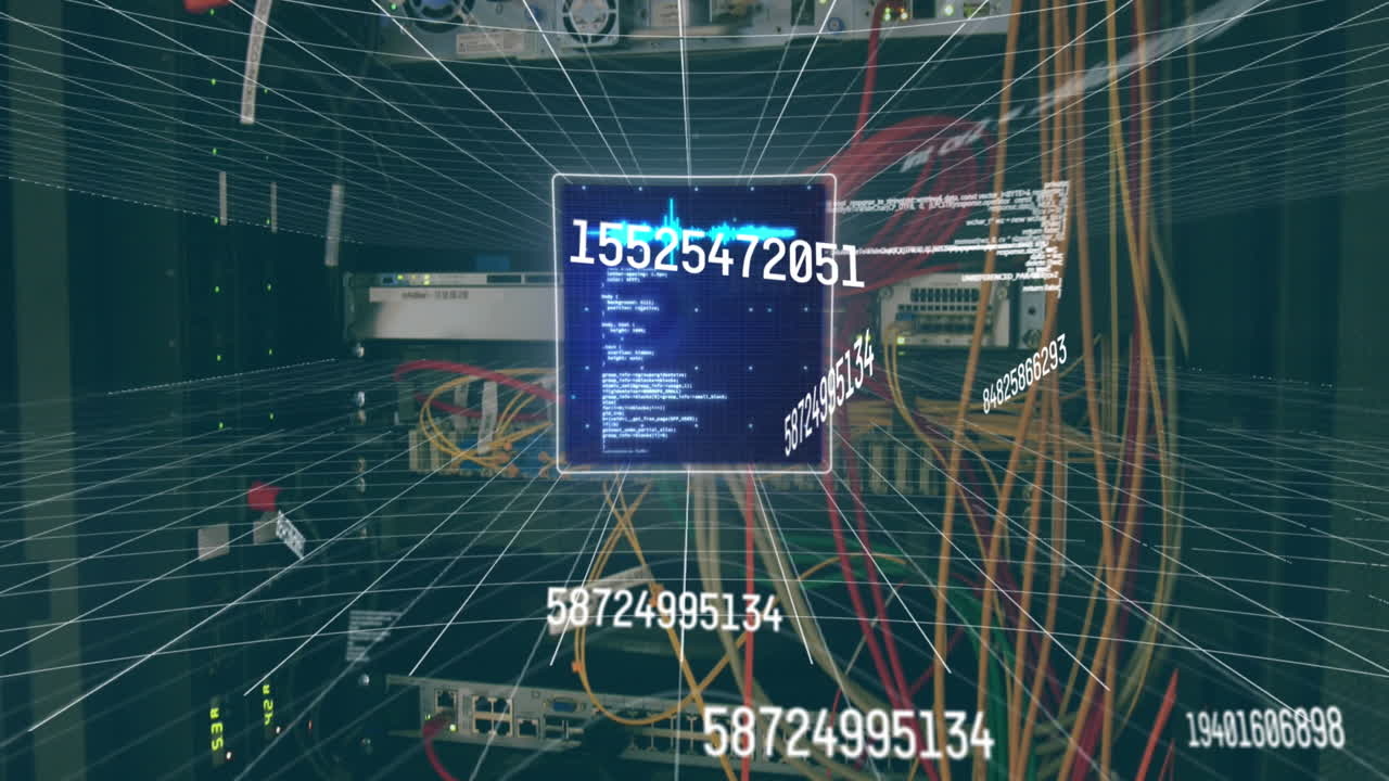animación de múltiples pantallas con procesamiento de datos contra el primer plano de un servidor de computadora.