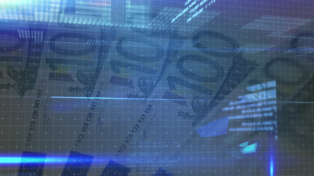 Animation of data processing over euro banknotes