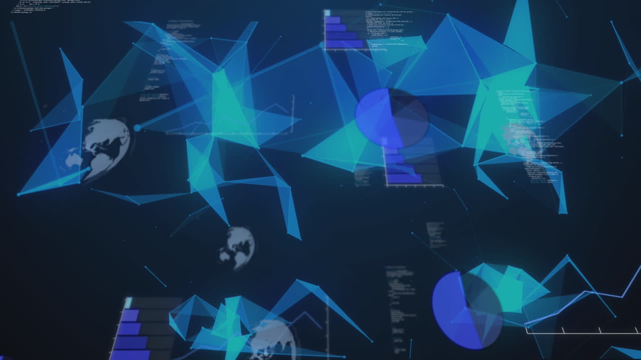 Animation of globes and shapes on navy background