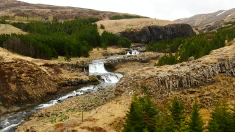 aerial view over wild river and waterfall in beautiful scenery - iceland